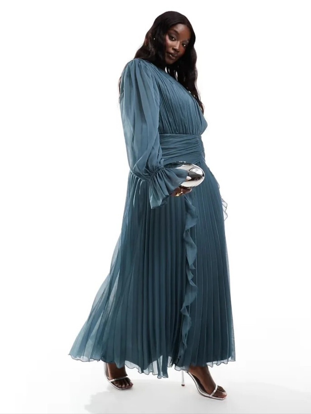 ASOS Curve Slate Blue Pleated Maxi Dress with Ruffle Accents